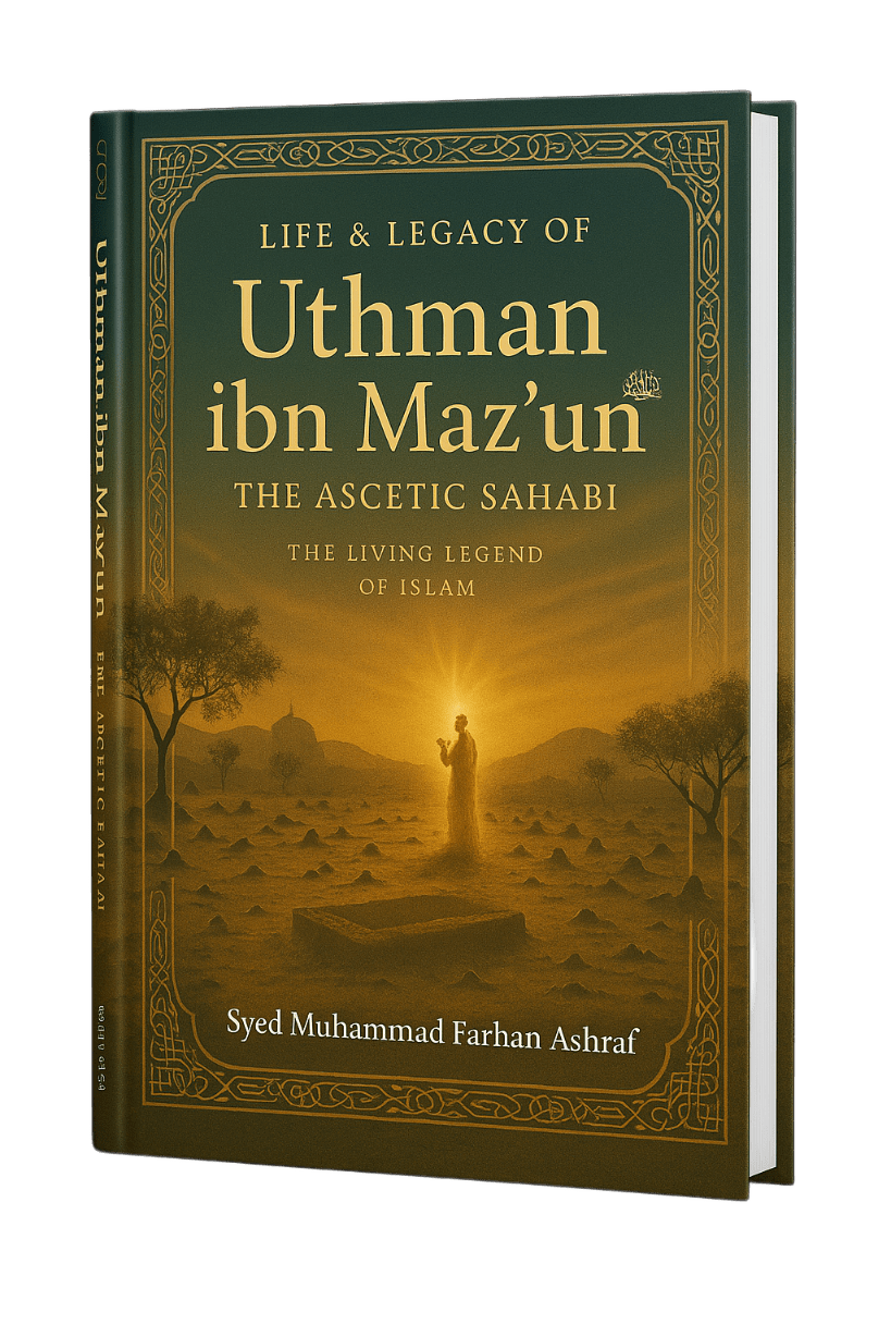 Hardcover book cover for “The Life & Legacy of Hadrat Uthman ibn Maz‘unؓ”, showing a serene dawn scene at Jannatul Baqi‘, symbolizing his ascetic life and spiritual legacy.