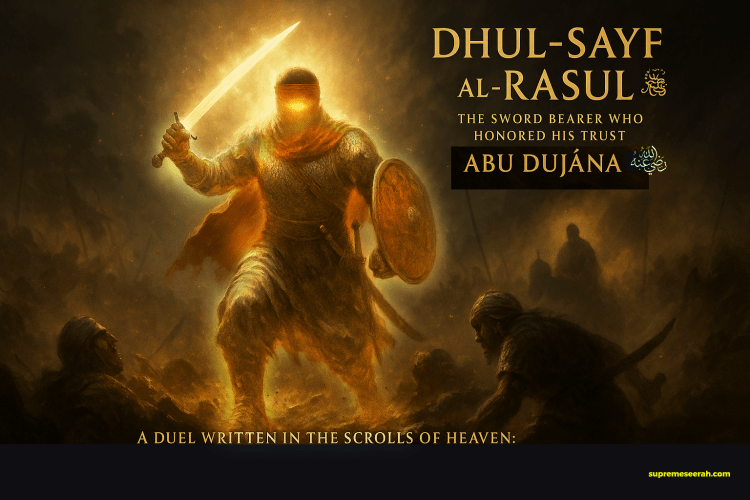  Radiant depiction of Hadrat Abu Dujana ؓ walking into battle with a glowing red headband and divine light, surrounded by a sacred battlefield atmosphere.