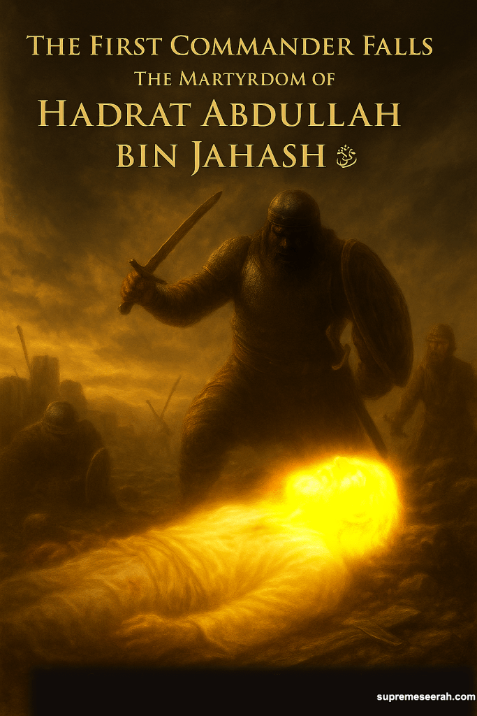 A glowing depiction of the martyrdom of Hadrat Abdullah bin Jahash during the Battle of Uhud, showing his illuminated fallen body as a symbol of divine acceptance.