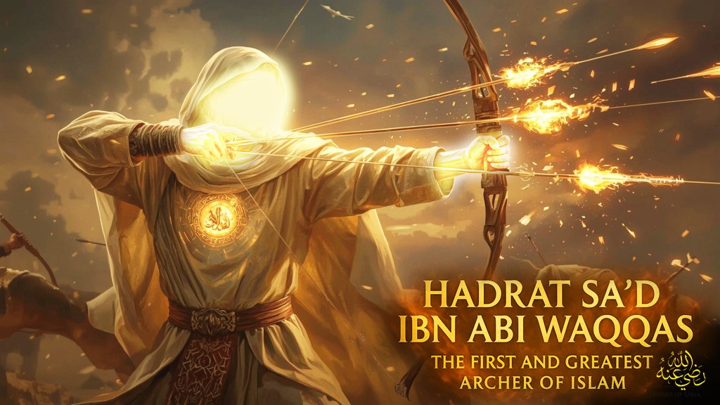 A Wallpaper depicting Hadrat Sa’d ibn Abi Waqqas (RA), the first and greatest archer of Islam, preparing to release multiple glowing arrows in a dramatic battlefield setting. His face is hidden out of respect, and his entire figure radiates divine light, symbolizing sacred strength and valor.