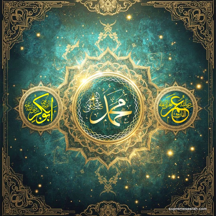 A stylized fantasy Islamic wallpaper with glowing celestial light, ornate geometric patterns, and three symbolic luminous areas representing the Prophet ﷺ, Abu Bakr al-Siddiqؓ, and Umar ibn al-Khattabؓ, designed without any human figures.