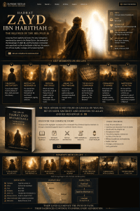 Cinematic biography landing page of Hadrat Zayd ibn Harithah ؓ, the Beloved of the Beloved ﷺ, featuring his life timeline, historical milestones, featured book, and legacy.